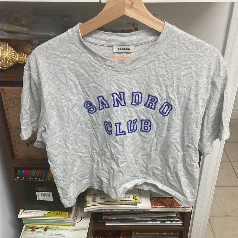 Sandro Gray Crop Top with Blue Lettering
